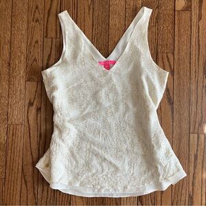 Lilly Pulitzer Preppy Beach Vacation White Metallic Sleeveless V-neck Tank Top